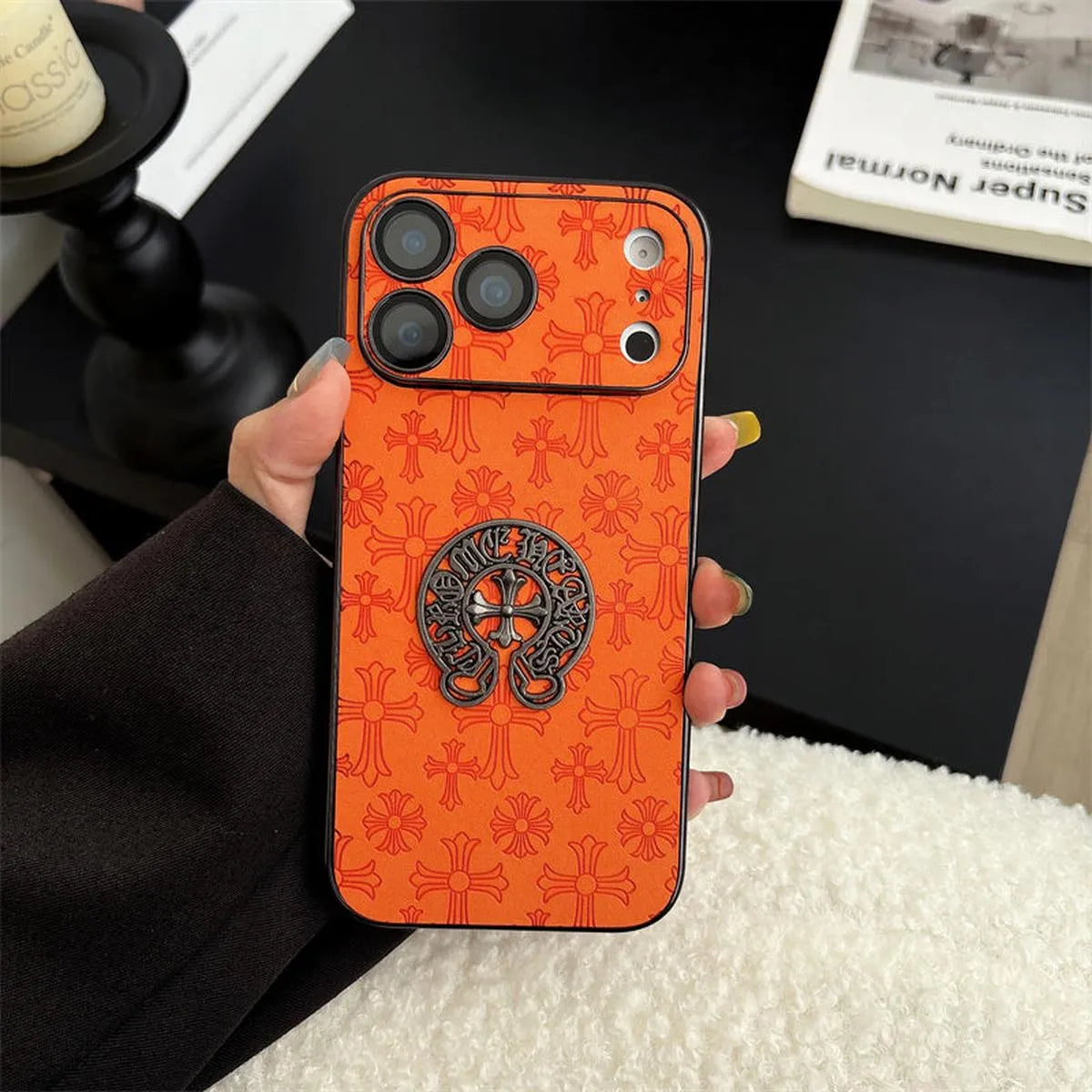 Buy Chrome Hearts Bold Orange Leather Case with Metal Emblem Design - Wilson at Caseles-iPhone 17 Pro Max, A