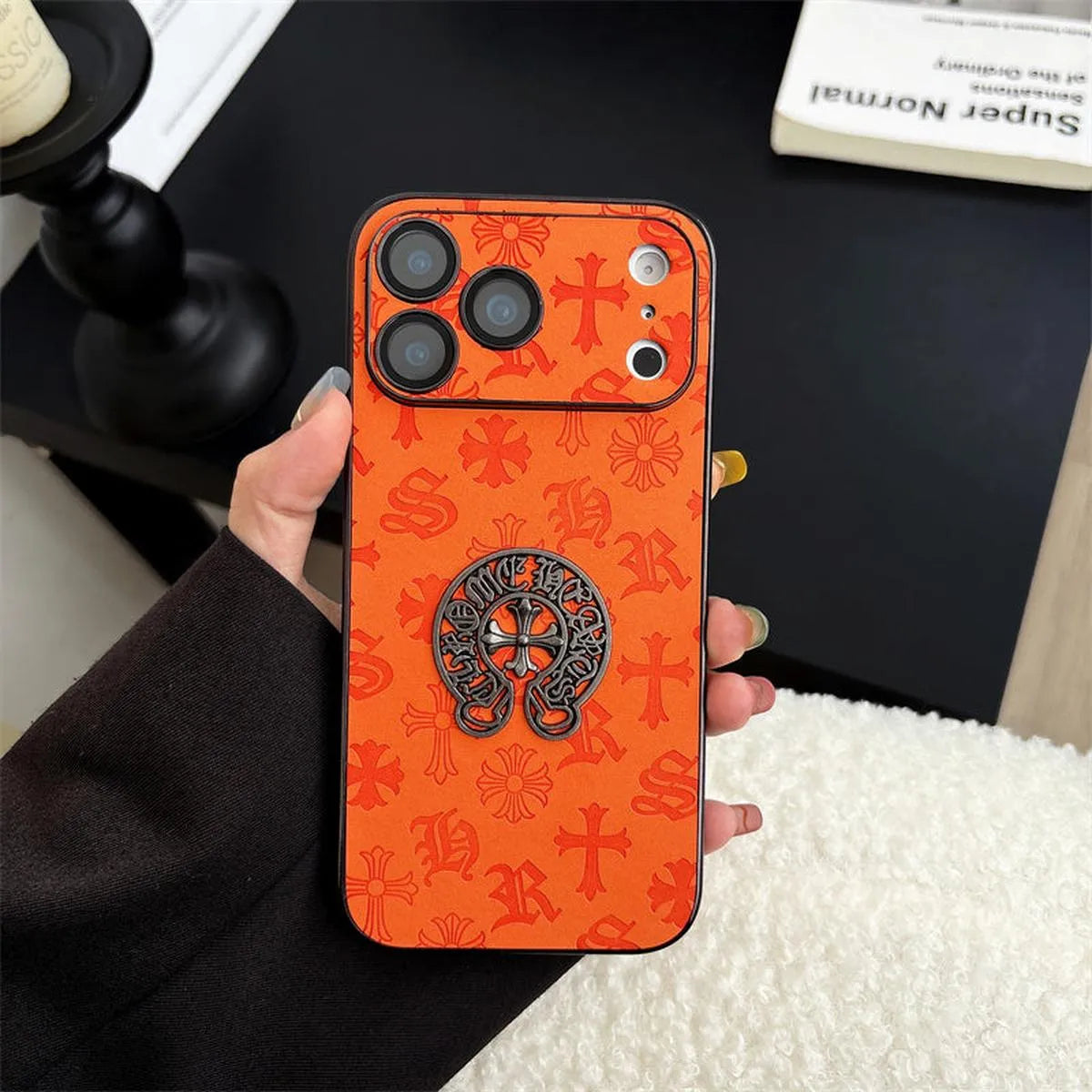 Buy Chrome Hearts Bold Orange Leather Case with Metal Emblem Design - Wilson at Caseles-iPhone 17 Pro Max, A