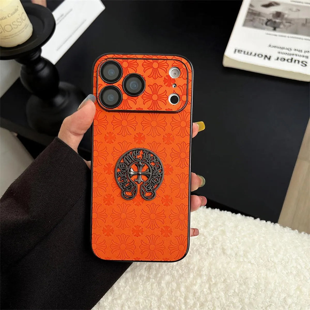 Buy Chrome Hearts Bold Orange Leather Case with Metal Emblem Design - Wilson at Caseles-iPhone 17 Pro Max, A