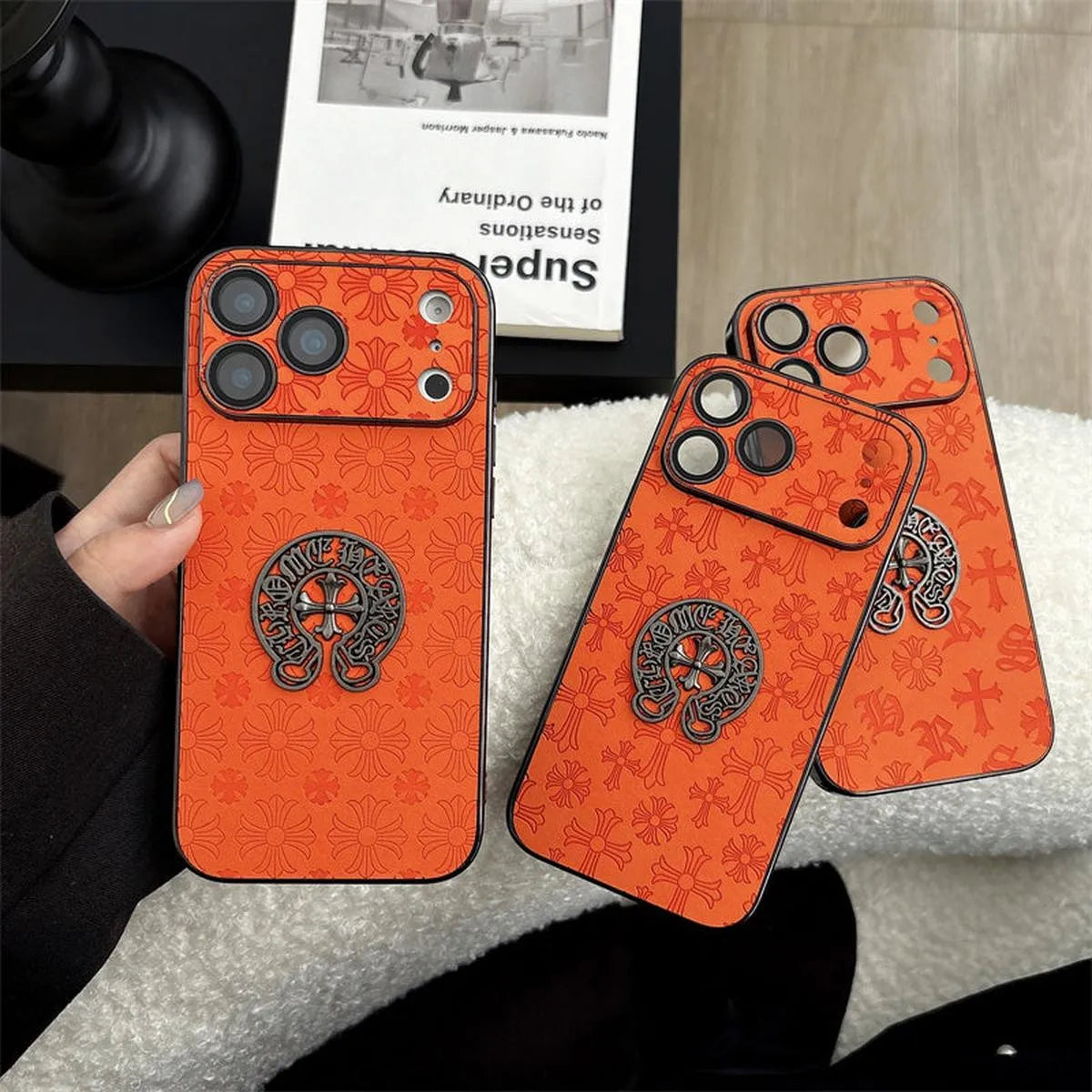 Buy Chrome Hearts Bold Orange Leather Case with Metal Emblem Design - Wilson at Caseles-iPhone 17 Pro Max, A
