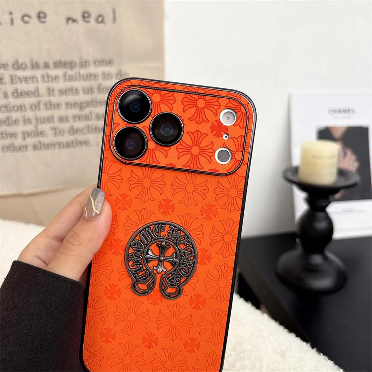 Buy Chrome Hearts Bold Orange Leather Case with Metal Emblem Design - Wilson at Caseles-iPhone 17 Pro Max, A