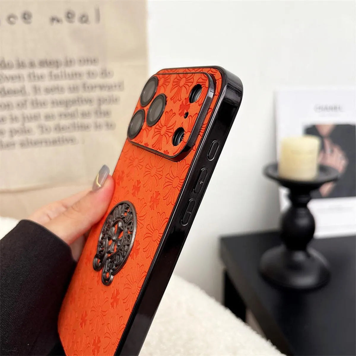 Buy Chrome Hearts Bold Orange Leather Case with Metal Emblem Design - Wilson at Caseles-iPhone 17 Pro Max, A