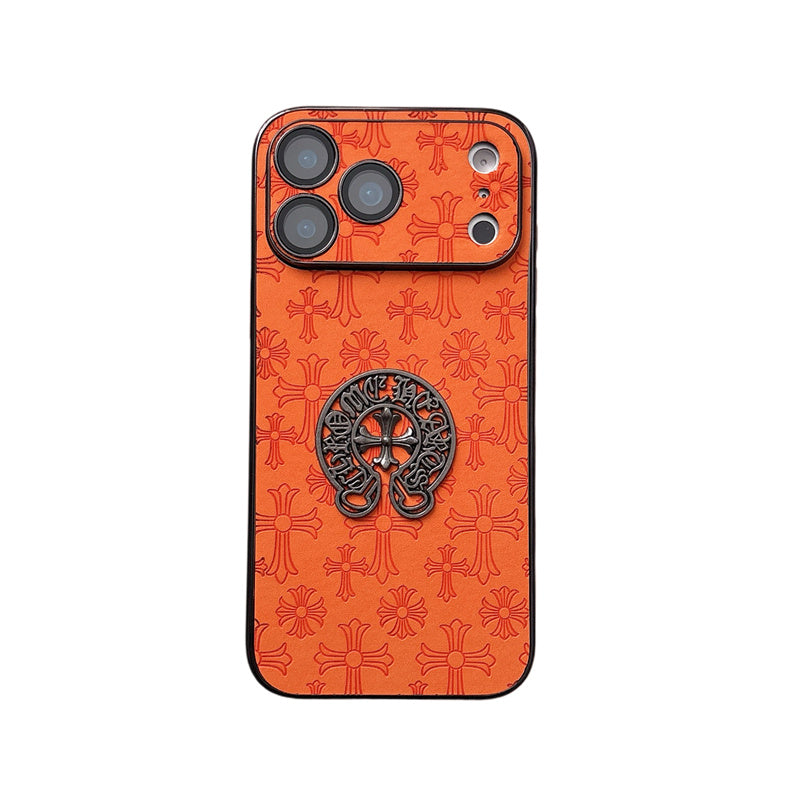 Buy Chrome Hearts Bold Orange Leather Case with Metal Emblem Design - Wilson at Caseles-iPhone 17 Pro Max, C