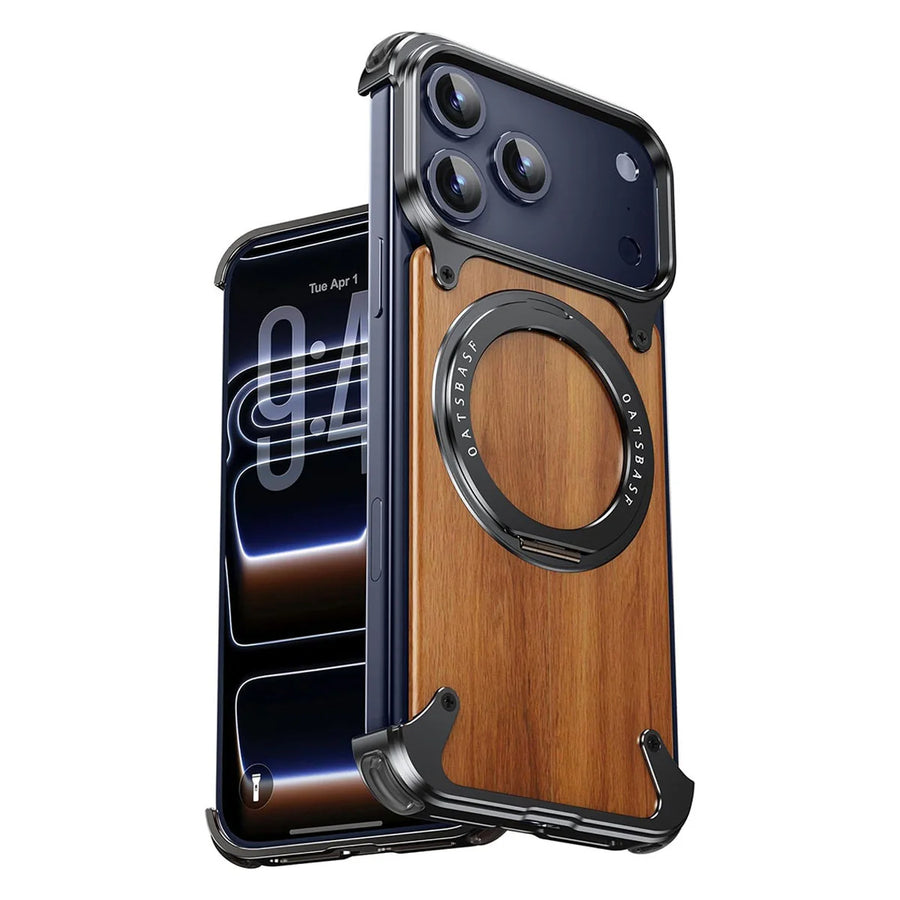 Buy Magnetic Wood Case Compatible with iPhone, Natural Wood & Aluminum Shockproof Protective Cover Unique Wooden Case with 360° Ring Stand, Natural Titanium - WYATT at Caseles-iPhone 17 Pro Max, Black