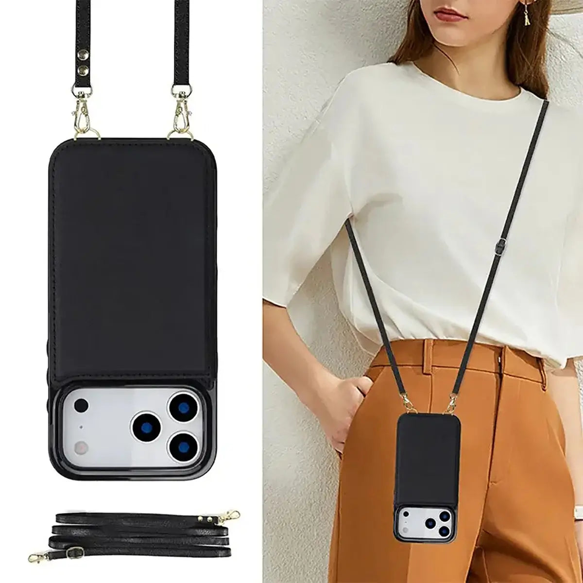 Buy Crossbody Wallet Case for iPhone, Magnetic Leather Flip Cover with Detachable Lanyard Strap, Card Holder & Kickstand, Shockproof Protection, Wyla at Caseles-iPhone 17 Pro Max, Black