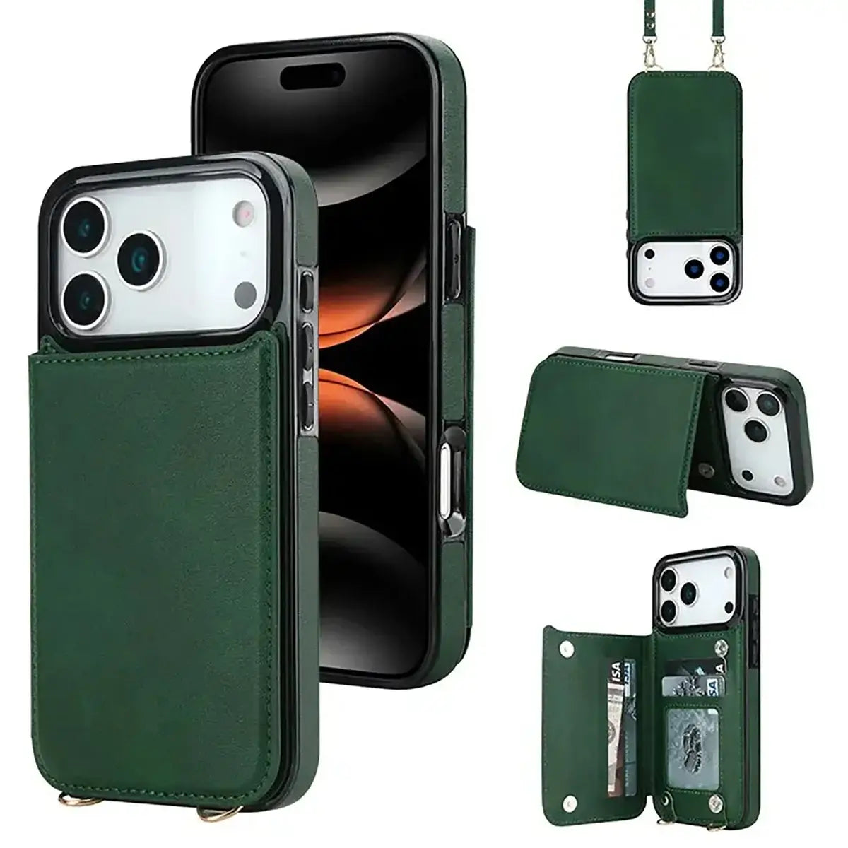 Buy Crossbody Wallet Case for iPhone, Magnetic Leather Flip Cover with Detachable Lanyard Strap, Card Holder & Kickstand, Shockproof Protection, Wyla at Caseles-iPhone 17 Pro Max, Green