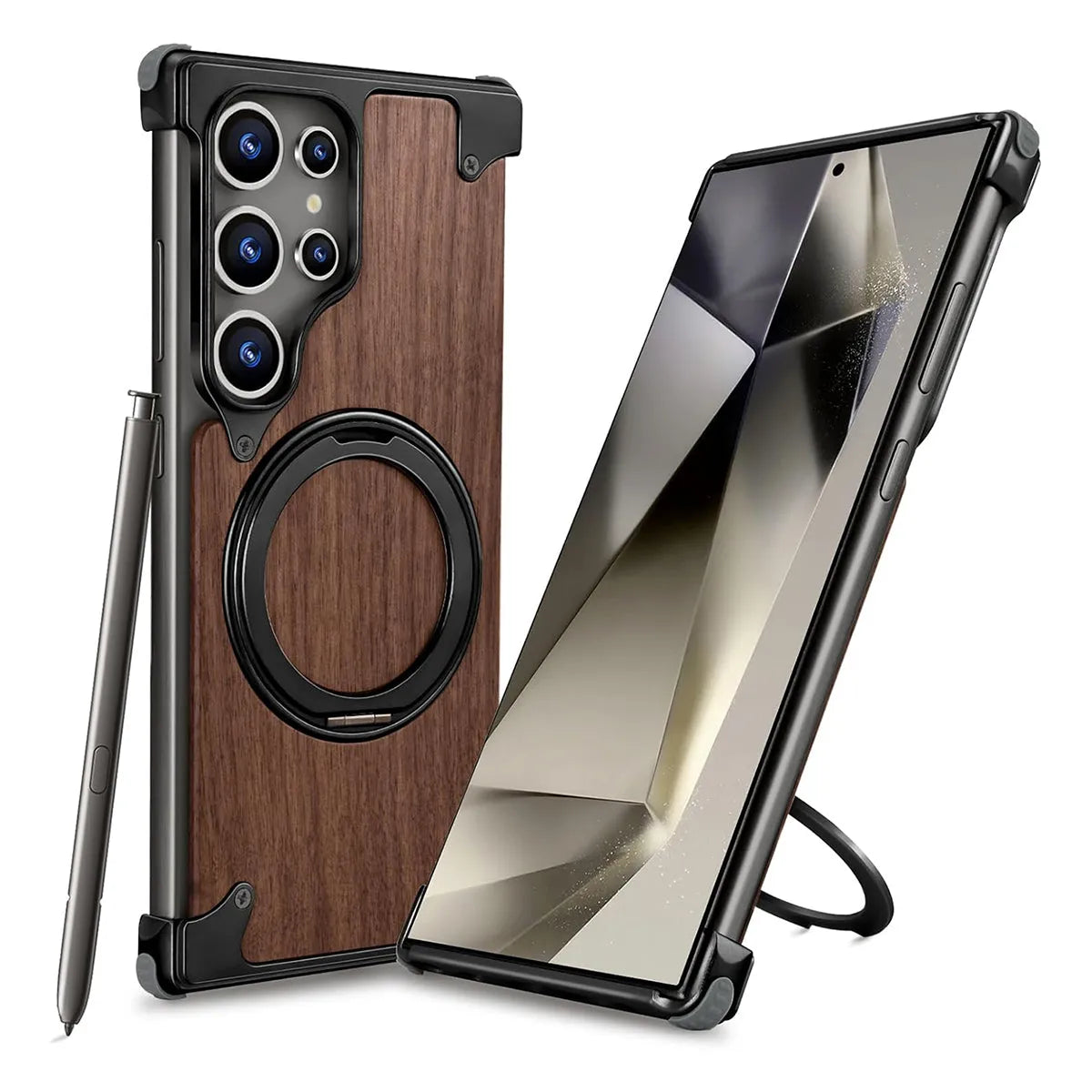 Buy Magnetic Wood Case Compatible For Samsung Galaxy Phone, Natural Wood & Aluminum Shockproof Protective Cover Unique Wooden Case with 360° Ring Stand, Natural Titanium - Wylder at Caseles-Samsung Galaxy S25 Ultra, Black