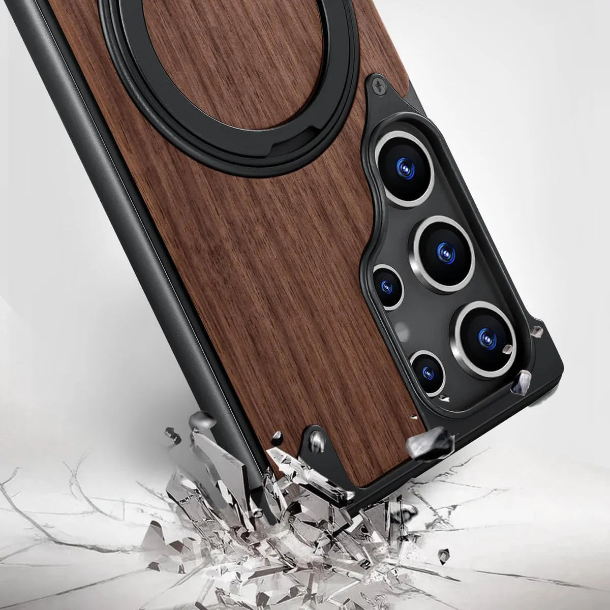 Buy Magnetic Wood Case Compatible For Samsung Galaxy Phone, Natural Wood & Aluminum Shockproof Protective Cover Unique Wooden Case with 360° Ring Stand, Natural Titanium - Wylder at Caseles-Samsung Galaxy S25 Ultra, Silver