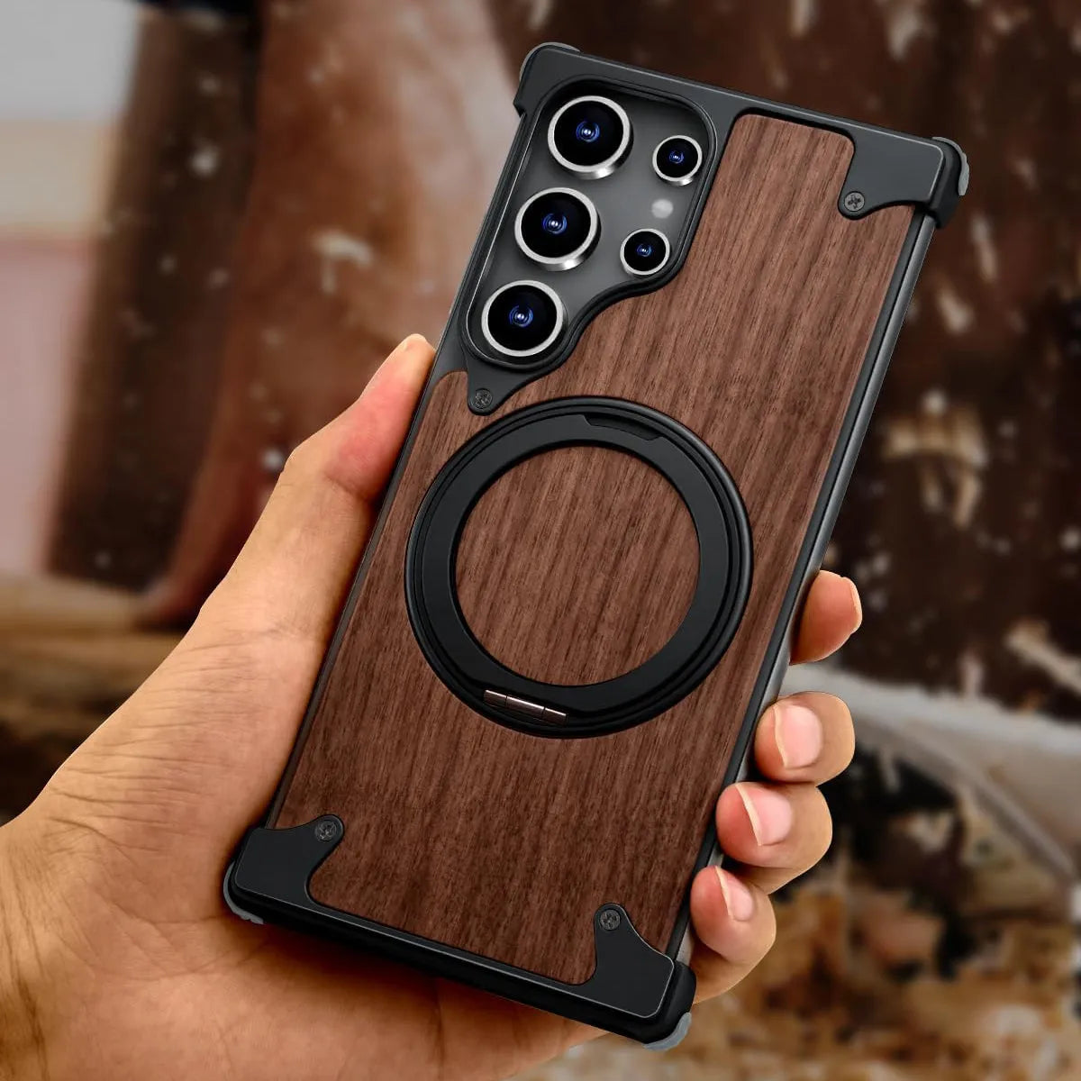 Buy Magnetic Wood Case Compatible For Samsung Galaxy Phone, Natural Wood & Aluminum Shockproof Protective Cover Unique Wooden Case with 360° Ring Stand, Natural Titanium - Wylder at Caseles-Samsung Galaxy S25 Ultra, Silver