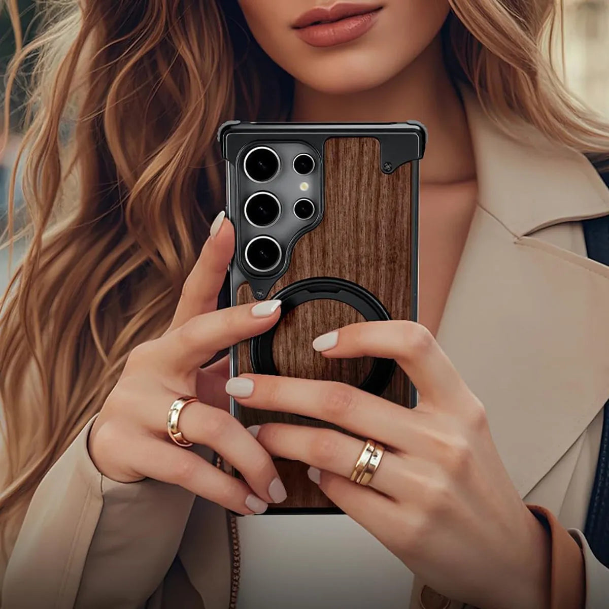 Buy Magnetic Wood Case Compatible For Samsung Galaxy Phone, Natural Wood & Aluminum Shockproof Protective Cover Unique Wooden Case with 360° Ring Stand, Natural Titanium - Wylder at Caseles-Samsung Galaxy S25 Ultra, Silver