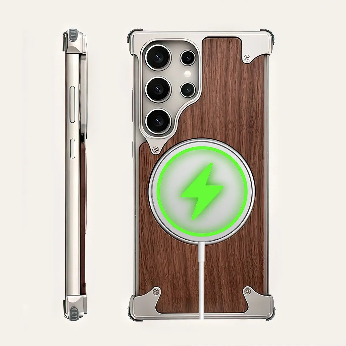 Buy Magnetic Wood Case Compatible For Samsung Galaxy Phone, Natural Wood & Aluminum Shockproof Protective Cover Unique Wooden Case with 360° Ring Stand, Natural Titanium - Wylder at Caseles-Samsung Galaxy S25 Ultra, Silver