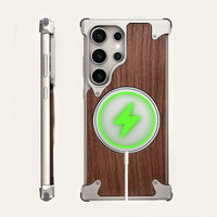 Buy Magnetic Wood Case Compatible For Samsung Galaxy Phone, Natural Wood & Aluminum Shockproof Protective Cover Unique Wooden Case with 360° Ring Stand, Natural Titanium - Wylder at Caseles-Samsung Galaxy S25 Ultra, Silver