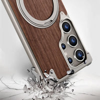 Buy Magnetic Wood Case Compatible For Samsung Galaxy Phone, Natural Wood & Aluminum Shockproof Protective Cover Unique Wooden Case with 360° Ring Stand, Natural Titanium - Wylder at Caseles-Samsung Galaxy S25 Ultra, Silver