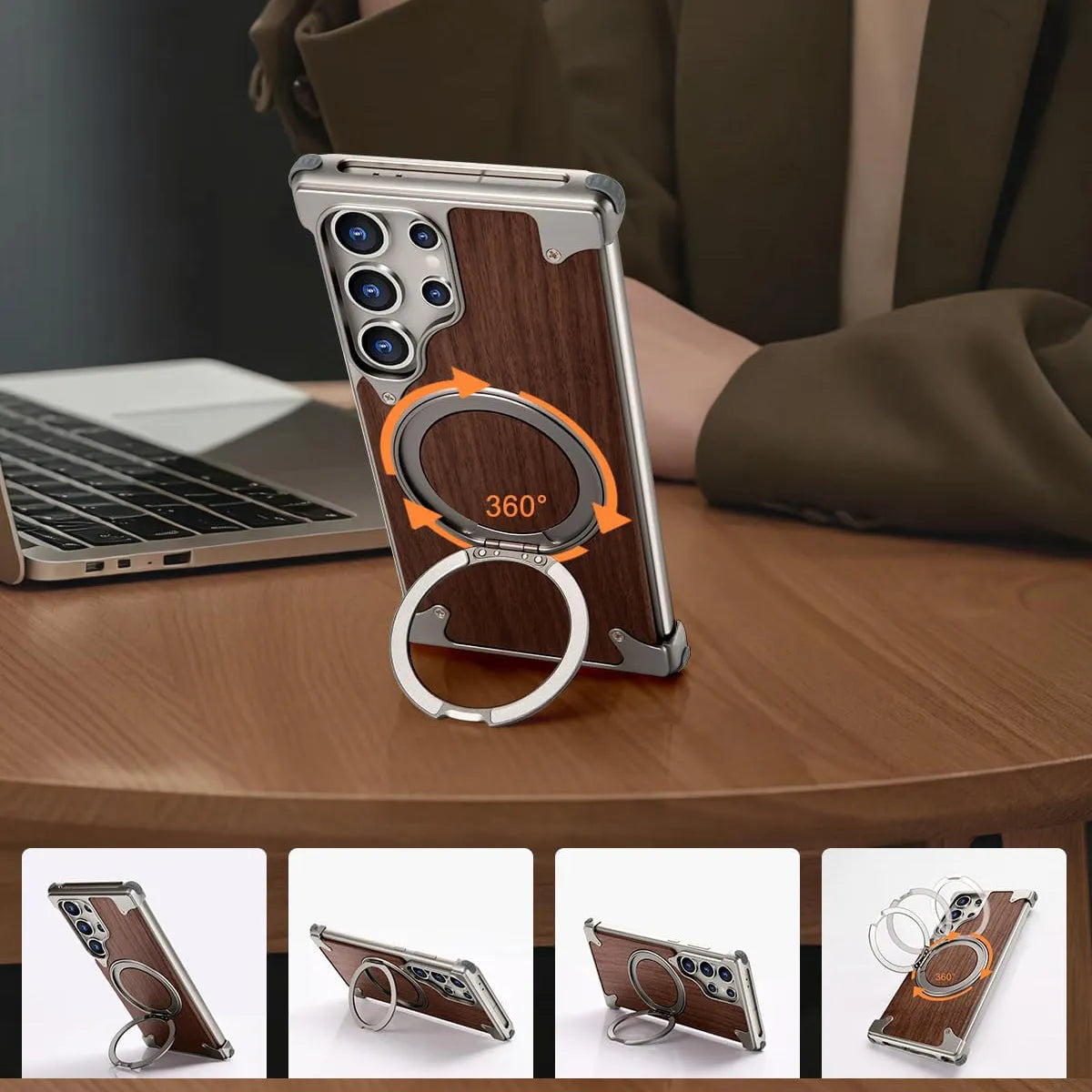 Buy Magnetic Wood Case Compatible For Samsung Galaxy Phone, Natural Wood & Aluminum Shockproof Protective Cover Unique Wooden Case with 360° Ring Stand, Natural Titanium - Wylder at Caseles-Samsung Galaxy S25 Ultra, Silver
