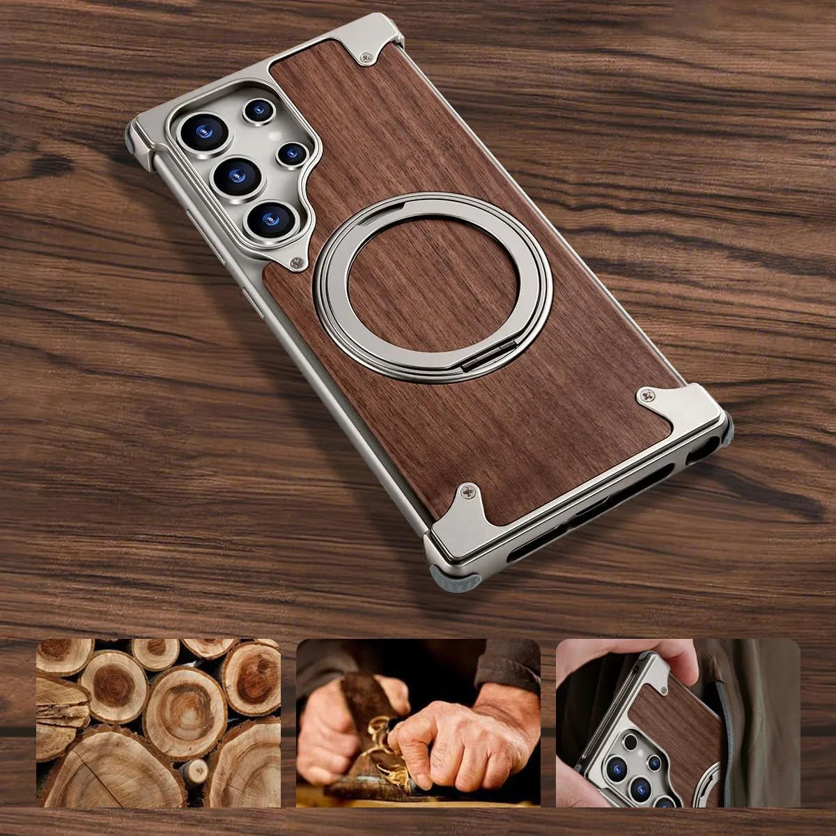 Buy Magnetic Wood Case Compatible For Samsung Galaxy Phone, Natural Wood & Aluminum Shockproof Protective Cover Unique Wooden Case with 360° Ring Stand, Natural Titanium - Wylder at Caseles-Samsung Galaxy S25 Ultra, Silver