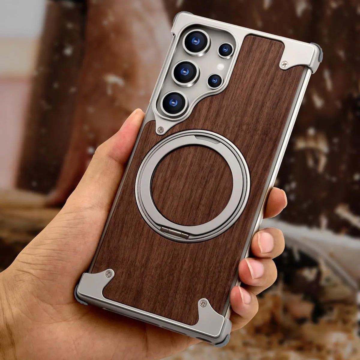 Buy Magnetic Wood Case Compatible For Samsung Galaxy Phone, Natural Wood & Aluminum Shockproof Protective Cover Unique Wooden Case with 360° Ring Stand, Natural Titanium - Wylder at Caseles-Samsung Galaxy S25 Ultra, Silver