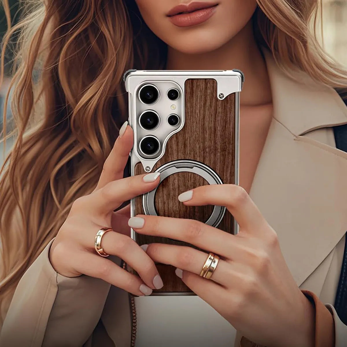 Buy Magnetic Wood Case Compatible For Samsung Galaxy Phone, Natural Wood & Aluminum Shockproof Protective Cover Unique Wooden Case with 360° Ring Stand, Natural Titanium - Wylder at Caseles-Samsung Galaxy S25 Ultra, Silver