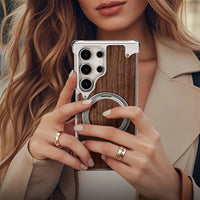 Buy Magnetic Wood Case Compatible For Samsung Galaxy Phone, Natural Wood & Aluminum Shockproof Protective Cover Unique Wooden Case with 360° Ring Stand, Natural Titanium - Wylder at Caseles-Samsung Galaxy S25 Ultra, Silver