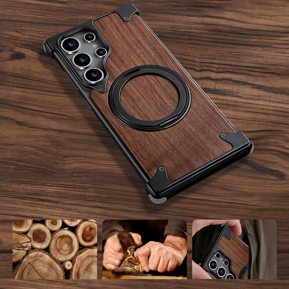 Buy Magnetic Wood Case Compatible For Samsung Galaxy Phone, Natural Wood & Aluminum Shockproof Protective Cover Unique Wooden Case with 360° Ring Stand, Natural Titanium - Wylder at Caseles-Samsung Galaxy S25 Ultra, Silver
