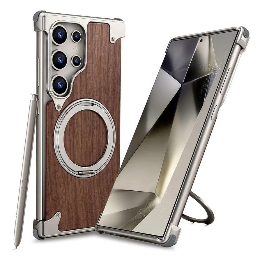 Buy Magnetic Wood Case Compatible For Samsung Galaxy Phone, Natural Wood & Aluminum Shockproof Protective Cover Unique Wooden Case with 360° Ring Stand, Natural Titanium - Wylder at Caseles-Samsung Galaxy S25 Ultra, Silver