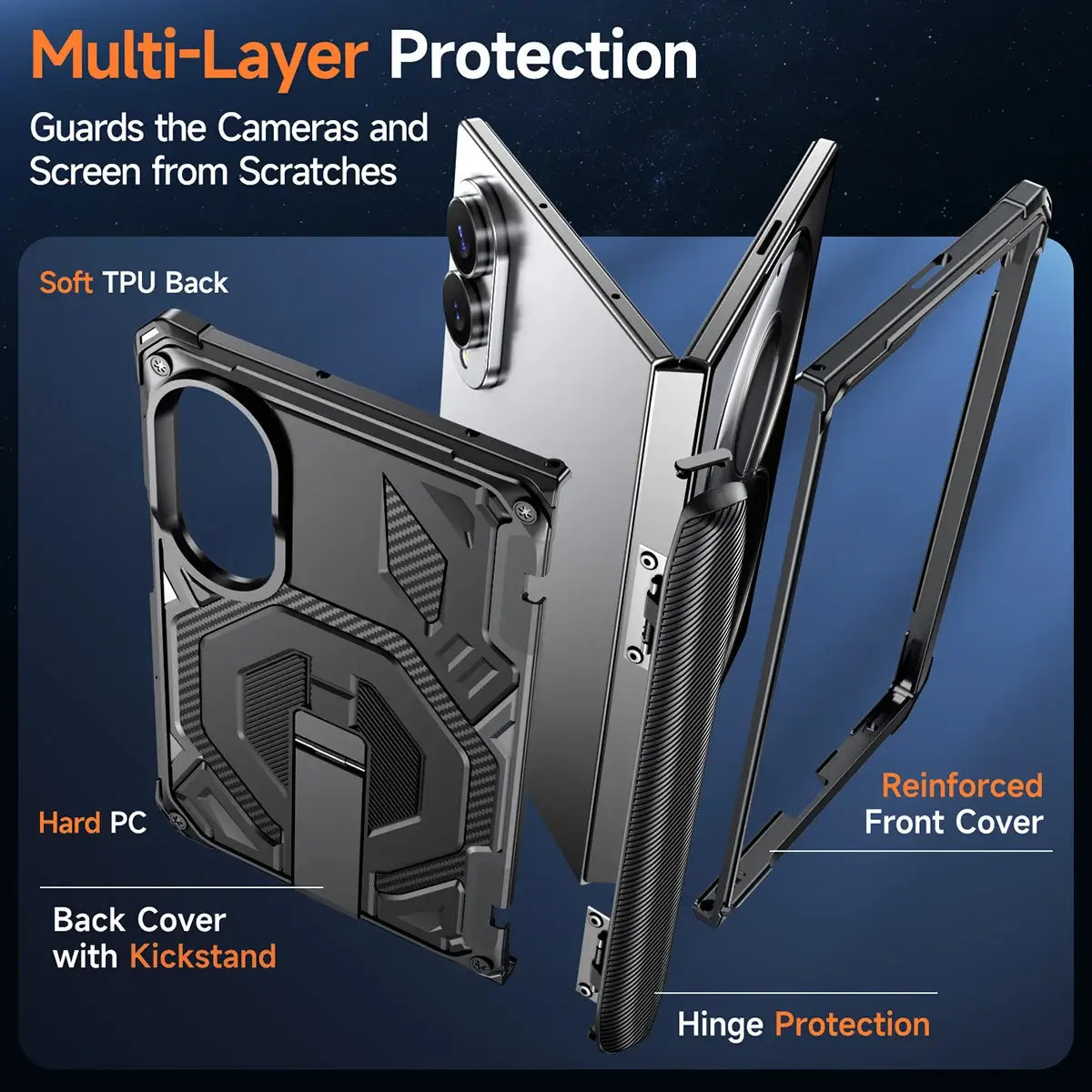 Buy Full-Body Carbon Fiber MagSafe Case with Built-In Inner Screen Frame, Wide-Format Kickstand & Hinge Guard - XANDER at Caseles-Samsung Galaxy Z Fold 8, Black