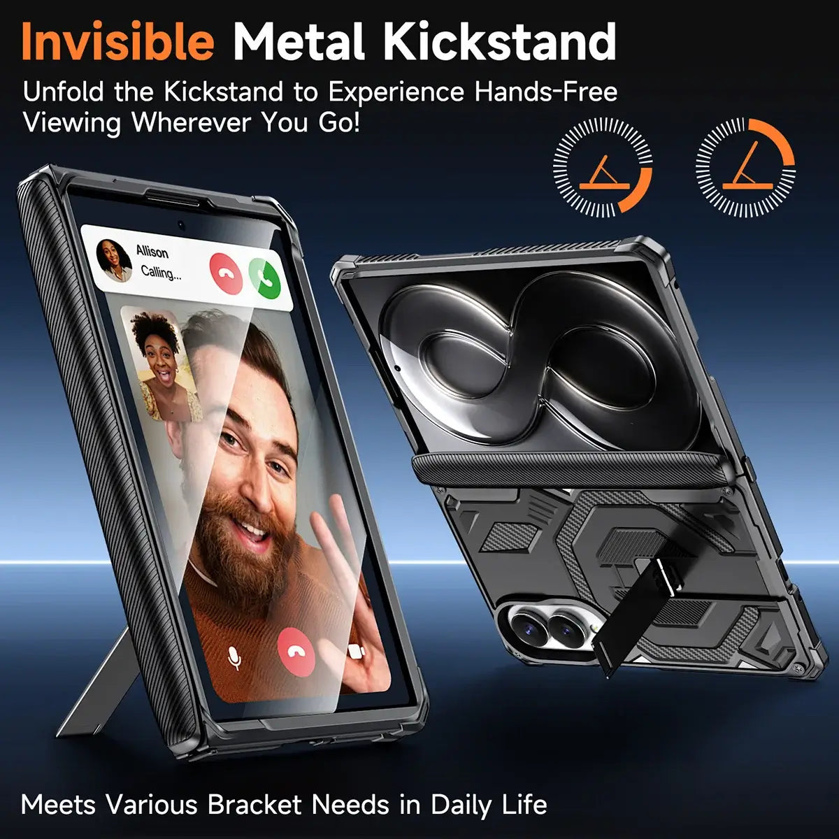 Buy Full-Body Carbon Fiber MagSafe Case with Built-In Inner Screen Frame, Wide-Format Kickstand & Hinge Guard - XANDER at Caseles-Samsung Galaxy Z Fold 8, Black