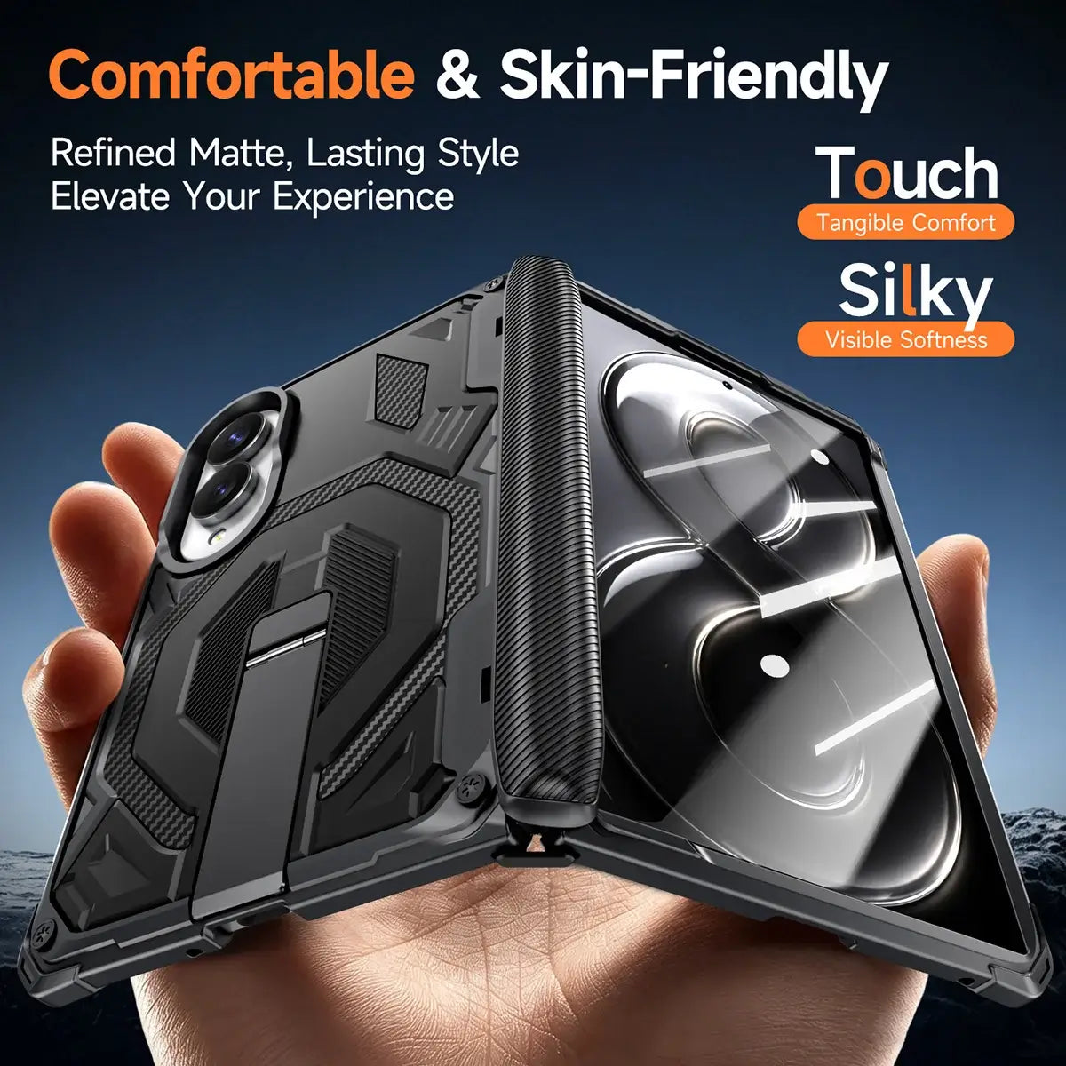Buy Full-Body Carbon Fiber MagSafe Case with Built-In Inner Screen Frame, Wide-Format Kickstand & Hinge Guard - XANDER at Caseles-Samsung Galaxy Z Fold 8, Black