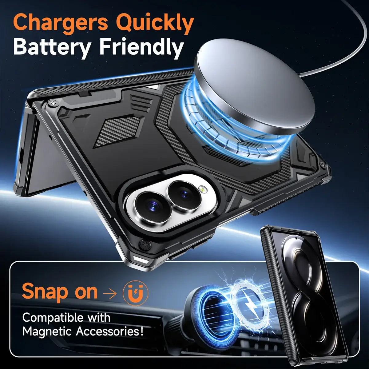 Buy Full-Body Carbon Fiber MagSafe Case with Built-In Inner Screen Frame, Wide-Format Kickstand & Hinge Guard - XANDER at Caseles-Samsung Galaxy Z Fold 8, Black