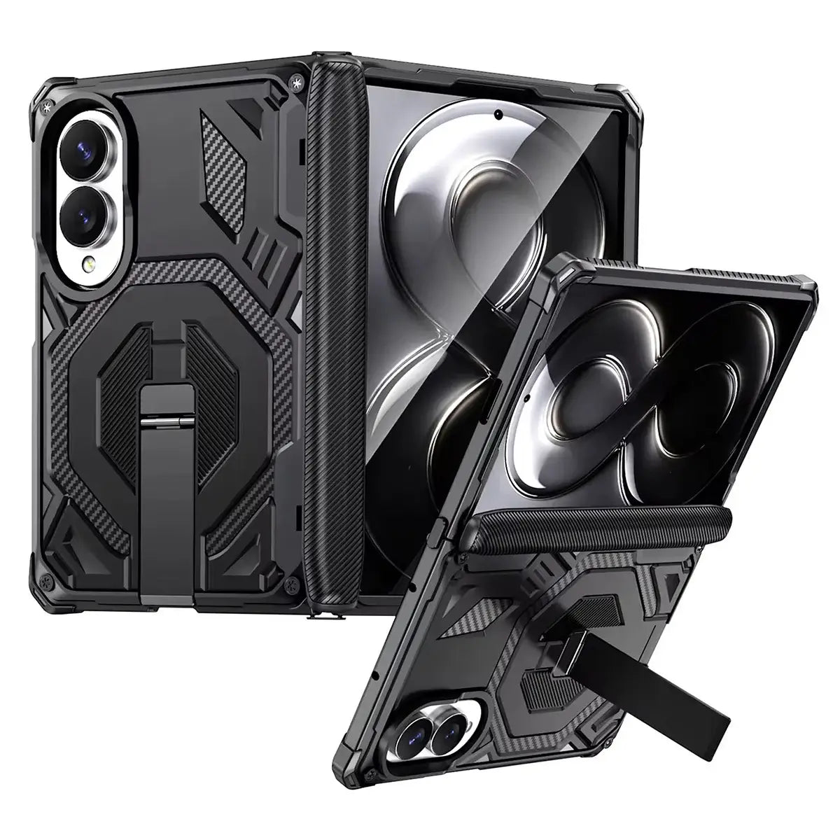 Buy Full-Body Carbon Fiber MagSafe Case with Built-In Inner Screen Frame, Wide-Format Kickstand & Hinge Guard - XANDER at Caseles-Samsung Galaxy Z Fold 8, Black