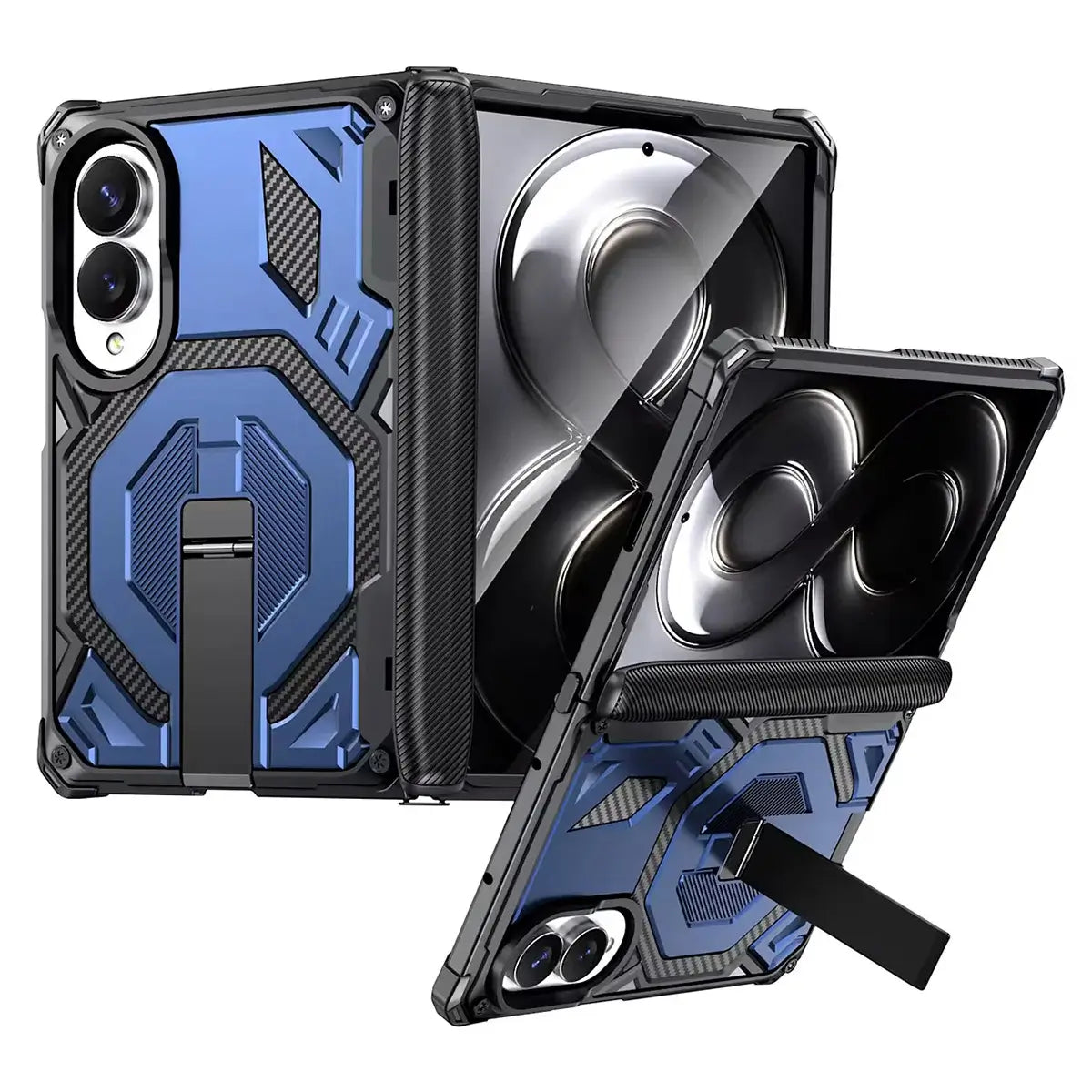 Buy Full-Body Carbon Fiber MagSafe Case with Built-In Inner Screen Frame, Wide-Format Kickstand & Hinge Guard - XANDER at Caseles-Samsung Galaxy Z Fold 8, Blue