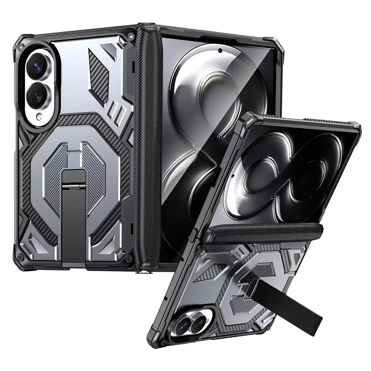 Buy Full-Body Carbon Fiber MagSafe Case with Built-In Inner Screen Frame, Wide-Format Kickstand & Hinge Guard - XANDER at Caseles-Samsung Galaxy Z Fold 8, Gray