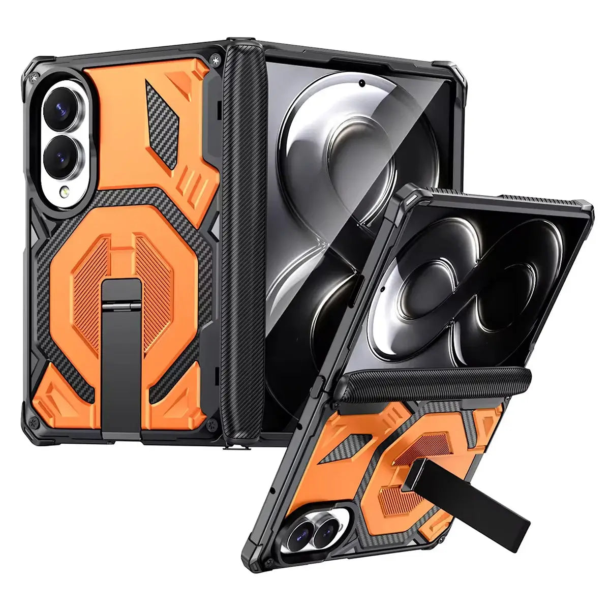 Buy Full-Body Carbon Fiber MagSafe Case with Built-In Inner Screen Frame, Wide-Format Kickstand & Hinge Guard - XANDER at Caseles-Samsung Galaxy Z Fold 8, Orange