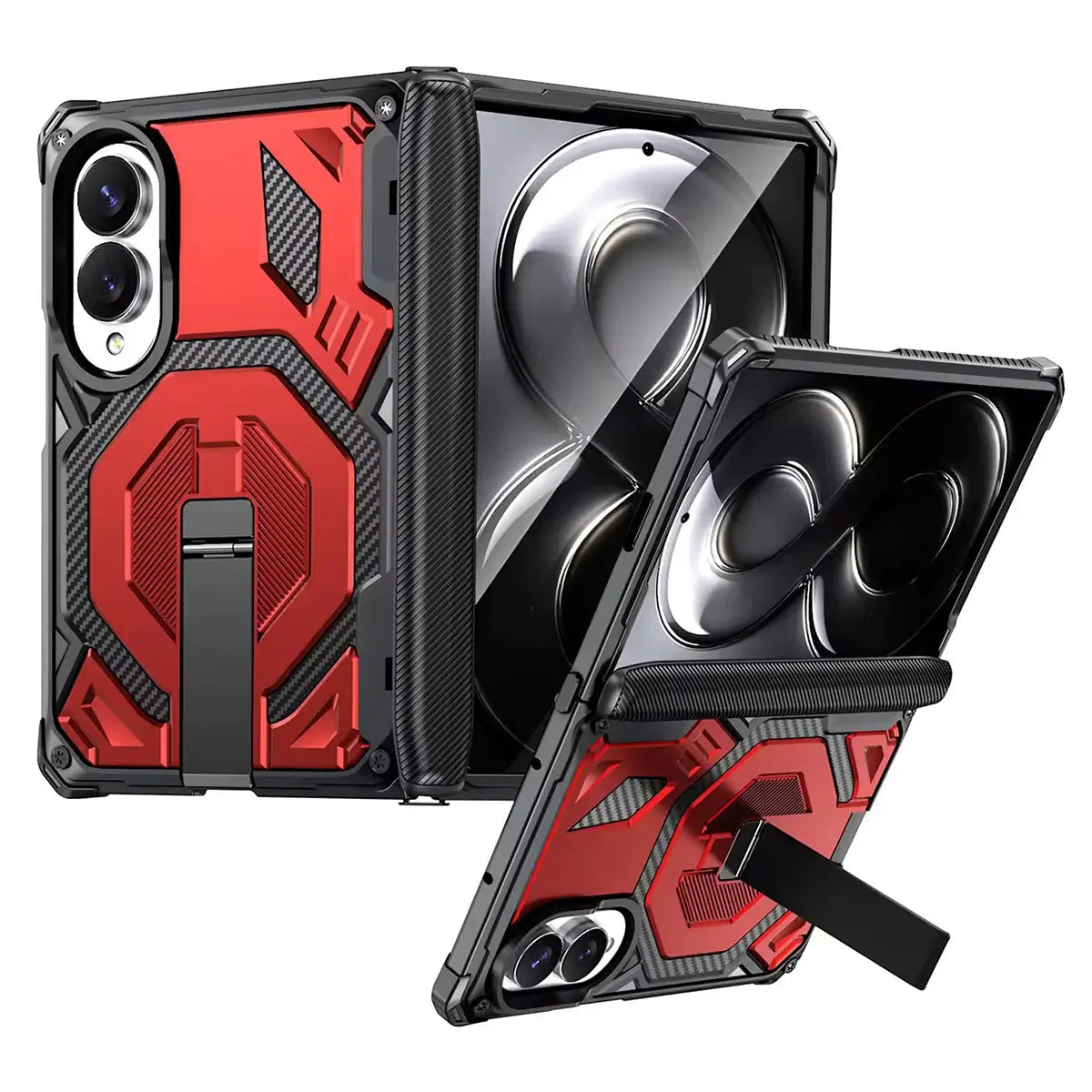 Buy Full-Body Carbon Fiber MagSafe Case with Built-In Inner Screen Frame, Wide-Format Kickstand & Hinge Guard - XANDER at Caseles-Samsung Galaxy Z Fold 8, Red