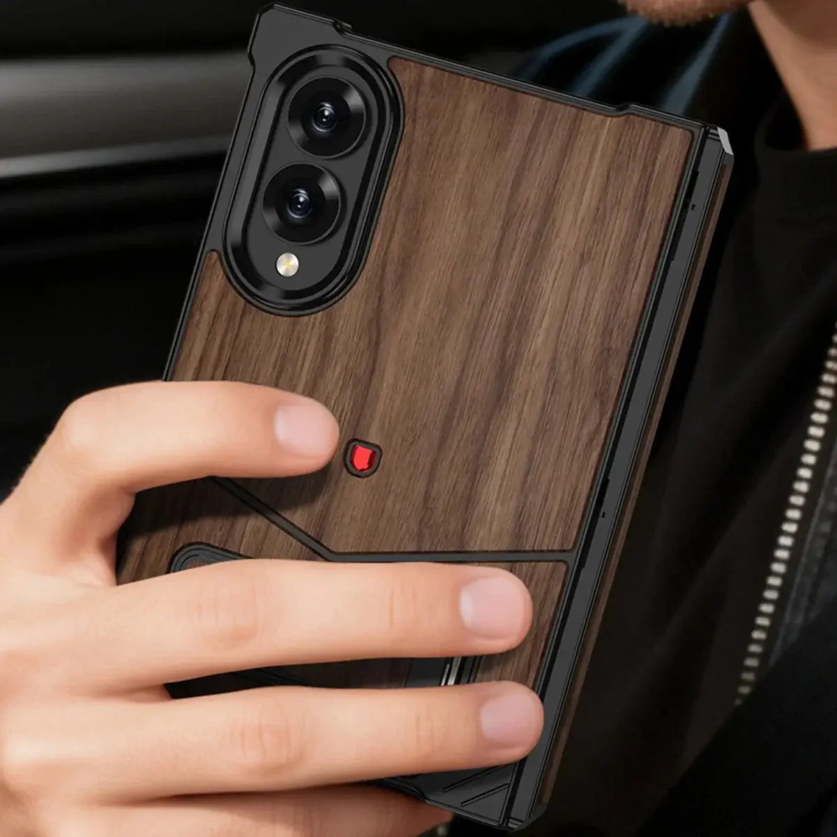 Buy Premium Walnut Wood Texture Case with Precision Metallic Frame, Drop-Resistant Bumper & Elevated Bezel Defense - Zane at Caseles-Samsung Galaxy Z Fold 8 Ultra, Black