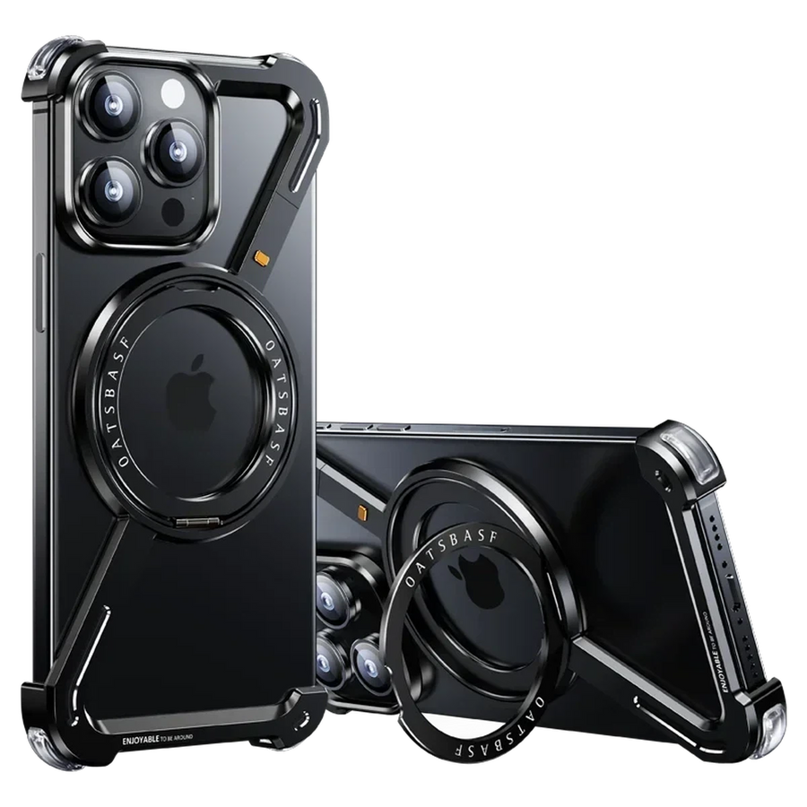 Buy Aluminum Metal Frameless Design Bumper Phone Case for iPhone with Rotatable Ring Holder Magnetic Kickstand Cover - ZEE at Caseles-iPhone 16 Pro Max, Black