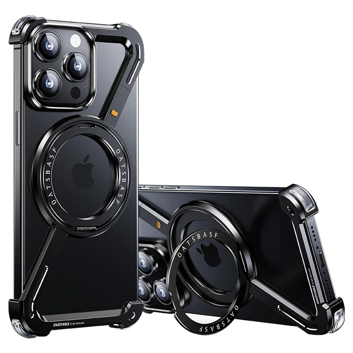 Buy Aluminum Metal Frameless Design Bumper Phone Case for iPhone with Rotatable Ring Holder Magnetic Kickstand Cover - ZEE at Caseles-iPhone 16 Pro Max, Black
