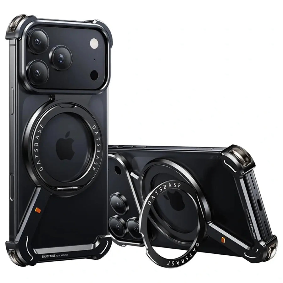 Buy Aluminum Metal Frameless Design Bumper Phone Case for iPhone with Rotatable Ring Holder Magnetic Kickstand Cover - ZEE at Caseles-iPhone 17 Pro Max, Black